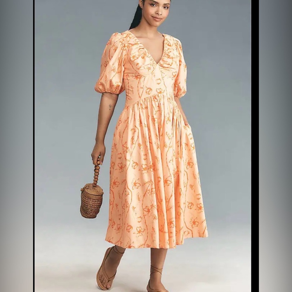 Hutch Peach Floral Puff-Sleeve Midi Dress